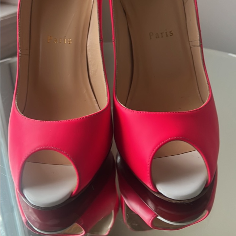 BARBIE Louboutin’s❤️Hot Pink with a white peep toe/heel. 8 (38) Perfect.